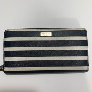 Kate Spade New York Zip Around Wallet Black White Stripes Leather Trim